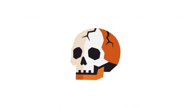 A weathered human cranium displaying significant structural fractures rendered with distinct orange shading signifying hazardous warnings or perhaps remnants of a forgotten civilization from