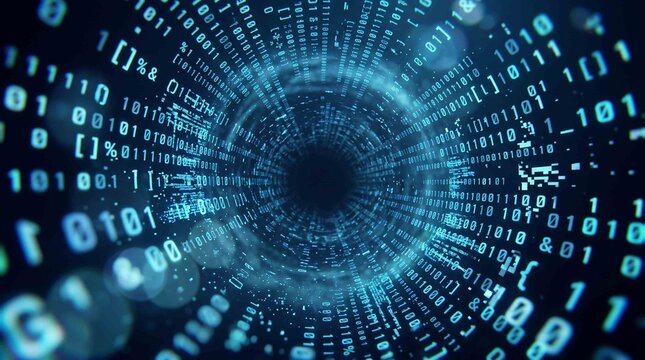 Digital binary code tunnel with glowing blue numbers and symbols floating in a dark cyberspace data network