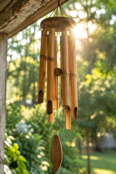 Bamboo wind chimes hanging from weathered porch beam with sun flare