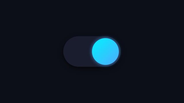 Toggle switch animation turning on and off in a dark mode user interface, modern digital UI element for web and mobile applications, dark background.