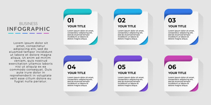 6-step business process grid infographic featuring a left summary text column and a 2x3 grid of white cards with asymmetric rounded corners, colorful accent flaps, and bold numbering.