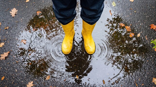 Person in yellow rubber boots standing in a rain puddle on wet asphalt with fallen autumn leaves, representing rainy fall weather, seasonal mood 