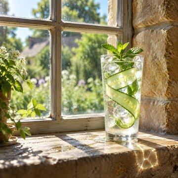 Tall glass tumbler of iced water with a cucumber ribbon and mint sprigs on the stone sill of an old cottage window cond