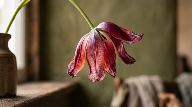 Wilted flower drooping in vase on rustic surface