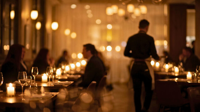 Blurred restaurant dining room background with defocused guests at tables, warm evening light