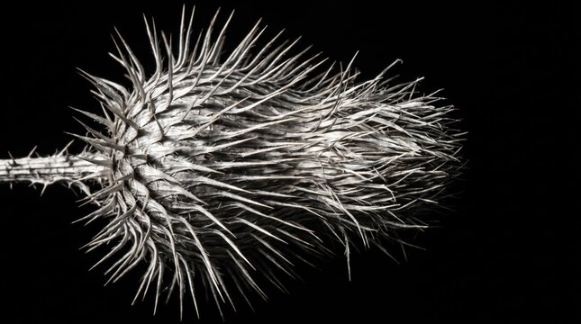 Spiky thistle seedhead against black background, botanical detail