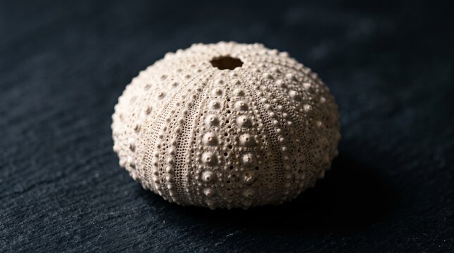 White sea urchin shell displaying intricate texture on dark surface