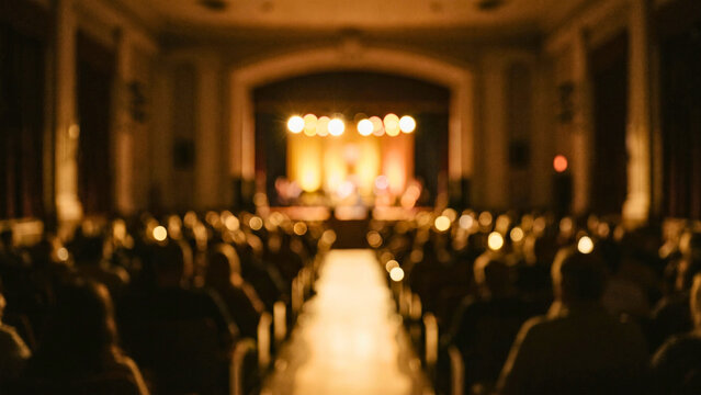 Blurred school assembly hall background with defocused students seated in rows, bright stage light