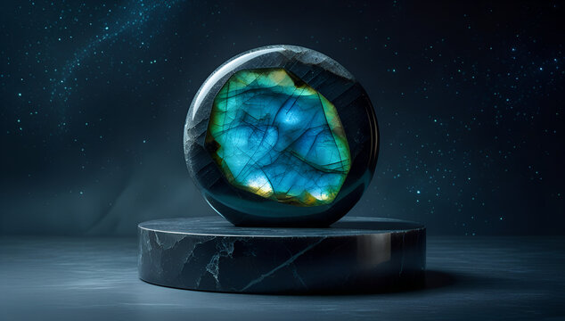 Luxury dark labradorite gemstone product podium with polished iridescent crystal sphere background banner