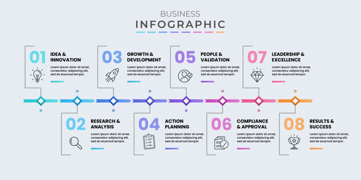 8 Step Horizontal Timeline Arrow Process Infographic Vector. Suitable for showing chronological timelines, company history milestones, progressive business workflows, and step-by-step project roadmaps