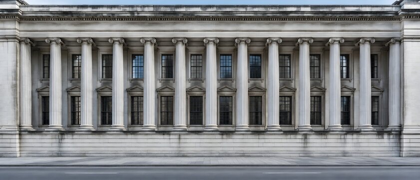 Long neoclassical bank front with giant order of fluted columns over rusticated base and moulded architrave