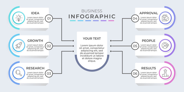6 Step Central Hub Split Tree Diagram Business Infographic. Great for comparing two distinct process paths, displaying six connected organizational departments, or structuring multi-branch business.