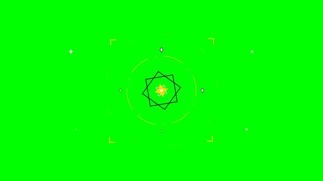 Futuristic sci fi target reticle with rotating geometric shapes overlaying a green screen