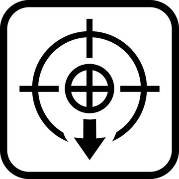 Center of gravity packaging warning sign silhouette icon featuring crosshair target symbol for balanced freight handling, shipping, and cargo safety