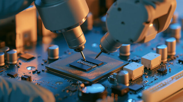 Advanced semiconductor quality control macro view of robotic probe testing circuit board, creating precise automated inspection