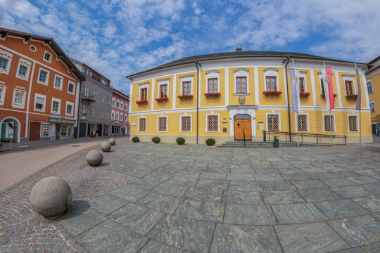 Mondsee, Salzkammergut, Austria &ndash; August 27, 2025: The town hall building (Rathaus or Markt Gemeindeamt), located in the town center near the famous lake and the local former monastery.