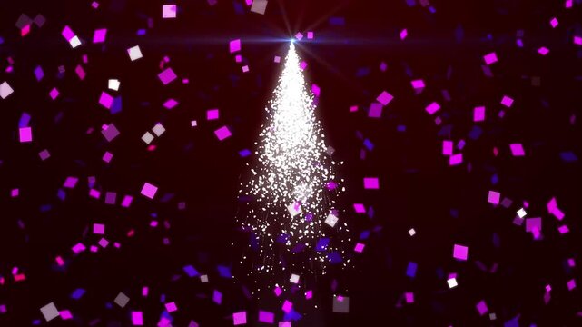 Magical christmas tree formed from sparkling white particles and golden glitter, falling snowflakes, twinkling stars and festive holiday lights creating a black background 4k loop animation