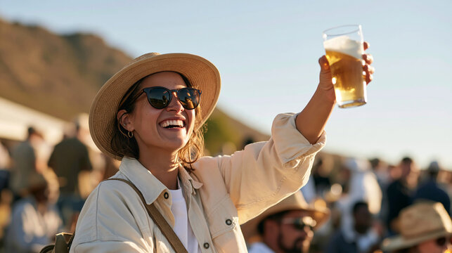 A South African winemaker's daughter holding a pint of local craft ale aloft on the vineyard estate lawn at an end-of-harvest celebration, farm workers gathered in the background,