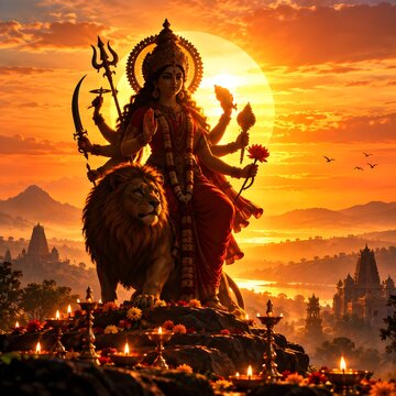 Durga Devi Silhouette at Golden Sunrise