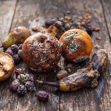 Decayed Fruits and Vegetables on Rustic Wooden Surface 4.
