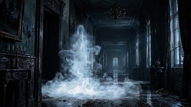 Halloween ghost apparition floating in a dark abandoned mansion hallway with moody cinematic lighting