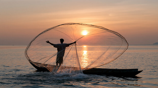Indonesian fisherman casting a circular throw net from a narrow wooden boat at sunrise, lake surface lit in amber, silhouette composition, traditional livelihood, aquaculture,