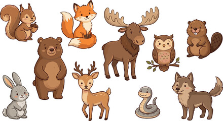 Obraz premium Cute Woodland Animals Vector Sticker Set with Cartoon Bear Fox Deer Owl Squirrel Moose Beaver Rabbit Wolf and Snake Characters Collection