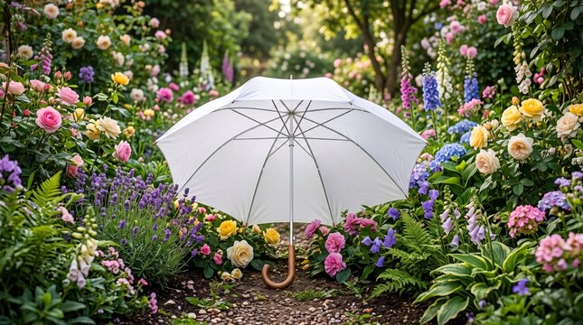 An open white umbrella resting among vibrant colorful flowers in a lush green garden.