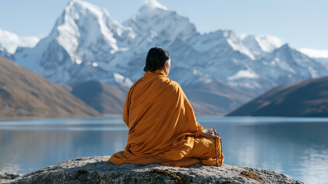 Tibetan monk in saffron robes seated in meditation on a lakeside rock at high altitude, snowcapped peaks reflecting in the water below, prayer beads across his knee, spiritual