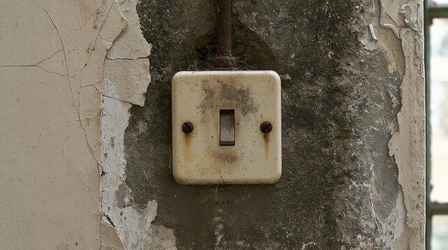 Vintage electrical switch on worn discolored wall inside abandoned building