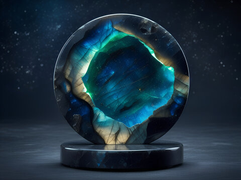 Minimalist 3d product podium close up made of polished black marble and iridescent labradorite crystal