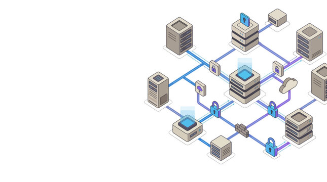 Isometric Data Center Network Illustration for Cyber Security, Cloud Computing, and Global IT Infrastructure with Secure Servers on White Background