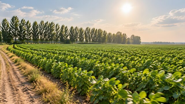 Green soybean plants filling a summer field in long rows with a windbreak of poplars beyond leaves shivering in the bre