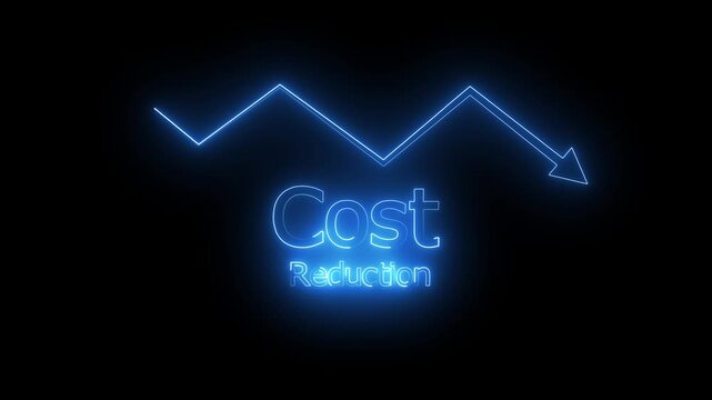 Cost Reduction Business Concept Motion Graphics Glowing Blue Neon Line Chart Arrow Down, Financial Loss Analysis, Budget Cut Optimization, Downward Arrow Graphic Animation on Black Background.