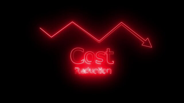 Cost Reduction Business Concept Motion Graphics Glowing Red Neon Line Chart Arrow Down, Financial Loss Analysis, Budget Cut Optimization, Downward Arrow Graphic Animation on Black Background.