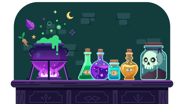 Witch potion laboratory with boiling magic cauldron, colorful potion bottles, and skull in a jar. Flat vector illustration for Halloween and fantasy concept.