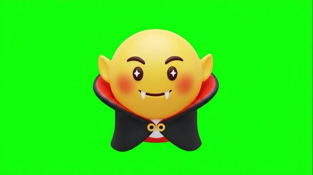 Vampire emoji character with fangs and cape on a green screen. Suitable for Halloween videos, spooky promos, social media, and chroma keying.