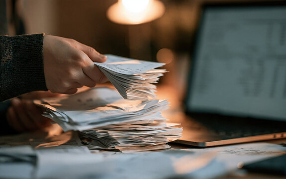 Hand holding stack of receipt papers with laptop in background, business expenses tracking concept