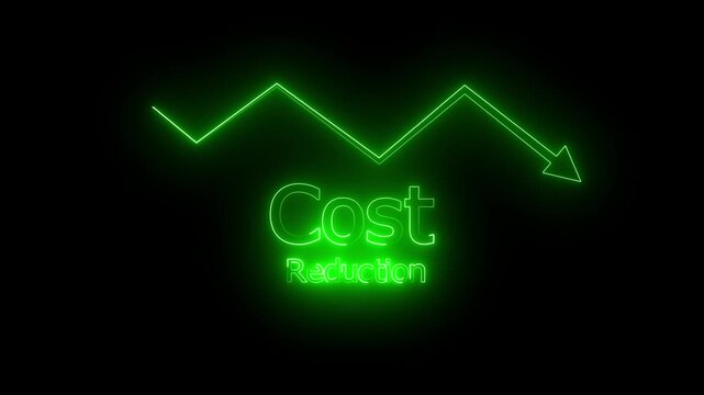 Cost Reduction Business Concept Motion Graphics Glowing Green Neon Line Chart Arrow Down, Financial Loss Analysis, Budget Cut Optimization, Downward Arrow Graphic Animation on Black Background.
