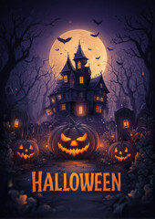 Fototapeta premium Halloween party comic horror poster with haunted forest and evil pumpkin