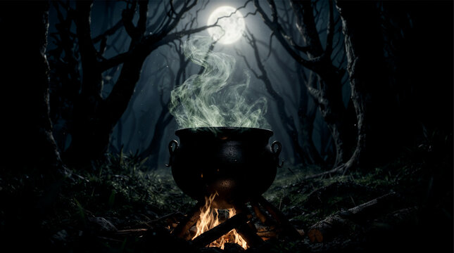 Mystical witch cauldron with green smoke on campfire in dark forest under full moon for Halloween: spooky and mysterious holiday atmosphere with gloomy festive mood