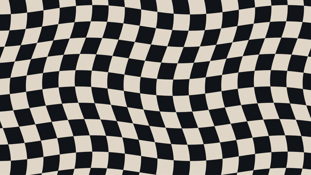 Wavy checkerboard pattern with distorted black and beige squares, retro psychedelic grid background, for projects