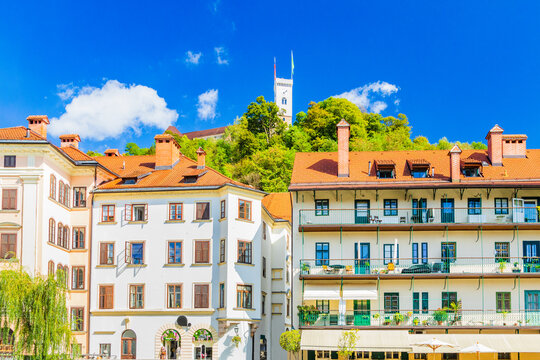 Beautiful old buildings and Ljubljana castle in historic city center, Ljubljana, capital of Slovenia