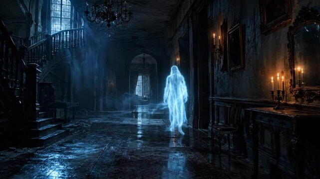 Transparent ghost figure walking through a dark haunted mansion hallway at night with candlelight