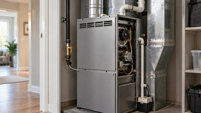 Gas furnace in a utility closet with ductwork in a modern home  