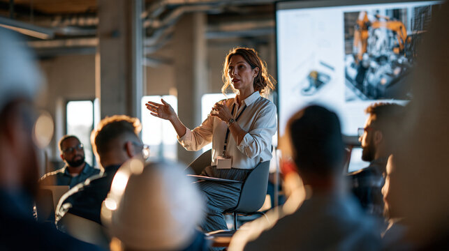 Female instructor explaining a machine safety diagram to construction workers inside an industrial building rear classroom view with trainee helmets in the foreground and the instructor
