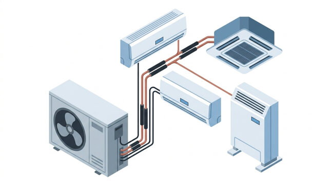 Air conditioning system isometric diagram showing outdoor heat pump and multiple indoor units