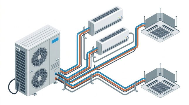 Isometric air conditioning multi split system diagram with outdoor heat pump and indoor units