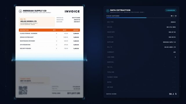 Digital invoice scanning and automated data extraction process. 4K Video