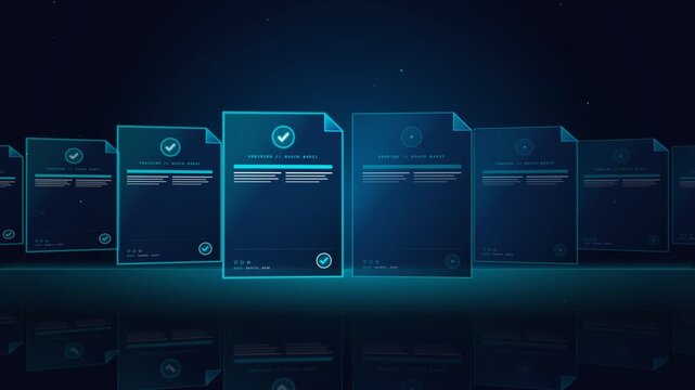 Digital document verification with approved checkmarks on blue files. 4K Video